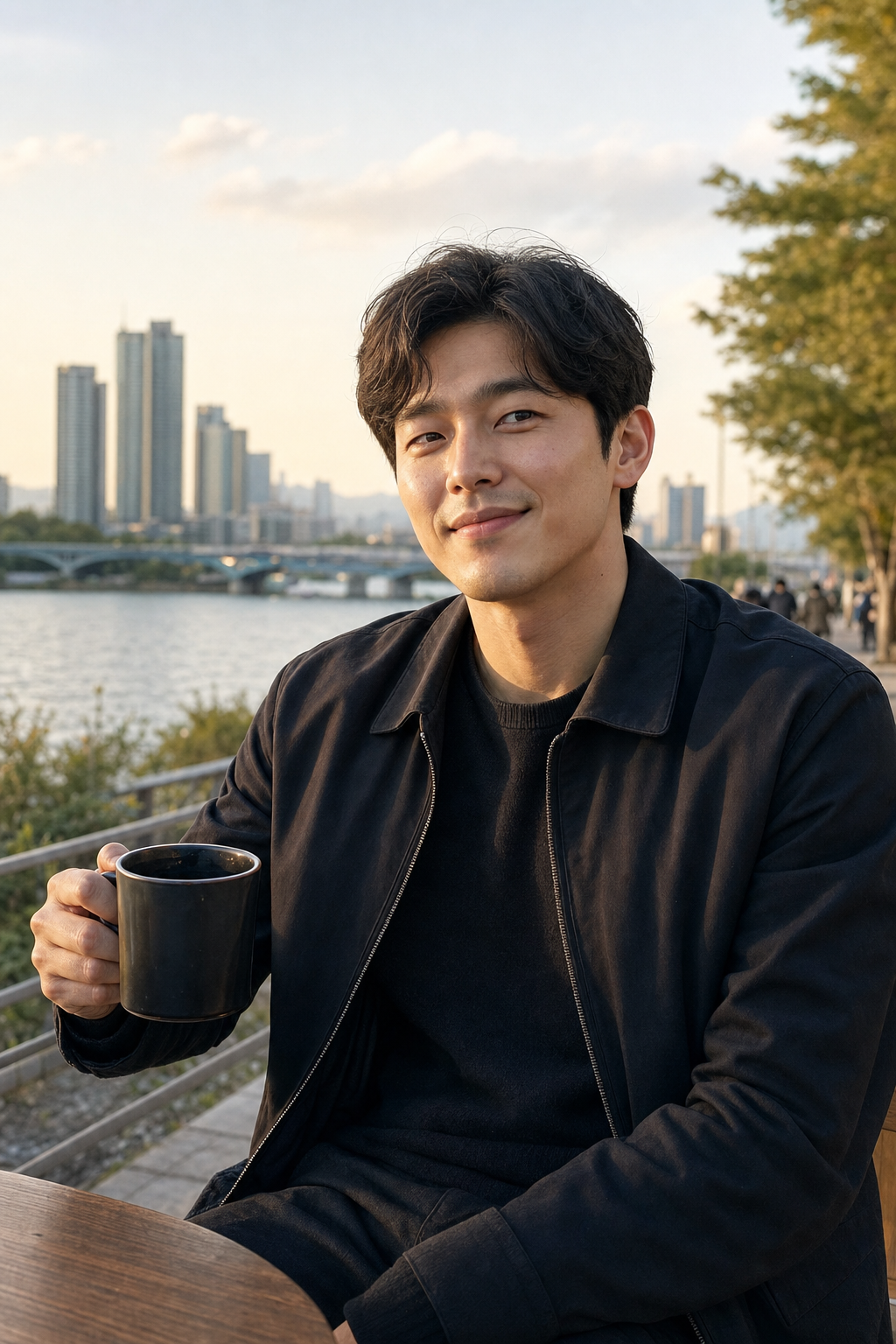 Foto de perfil de un adulto sonriendo naturalmente cerca de un café nocturno en Seúl
